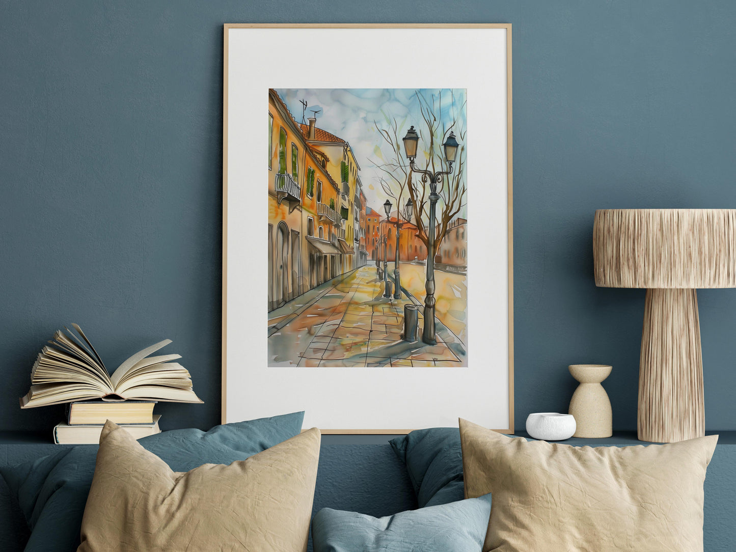 Autumnal Enchantment of a European Promenade- Tanaka, architecture, autumn scene, watercolor, gift idea