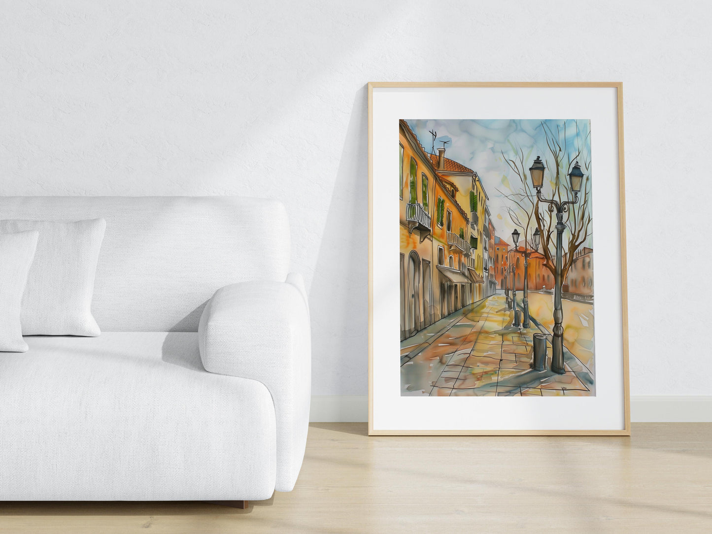 Autumnal Enchantment of a European Promenade- gallery quality, watercolor, city motif, fine art, Japanese art