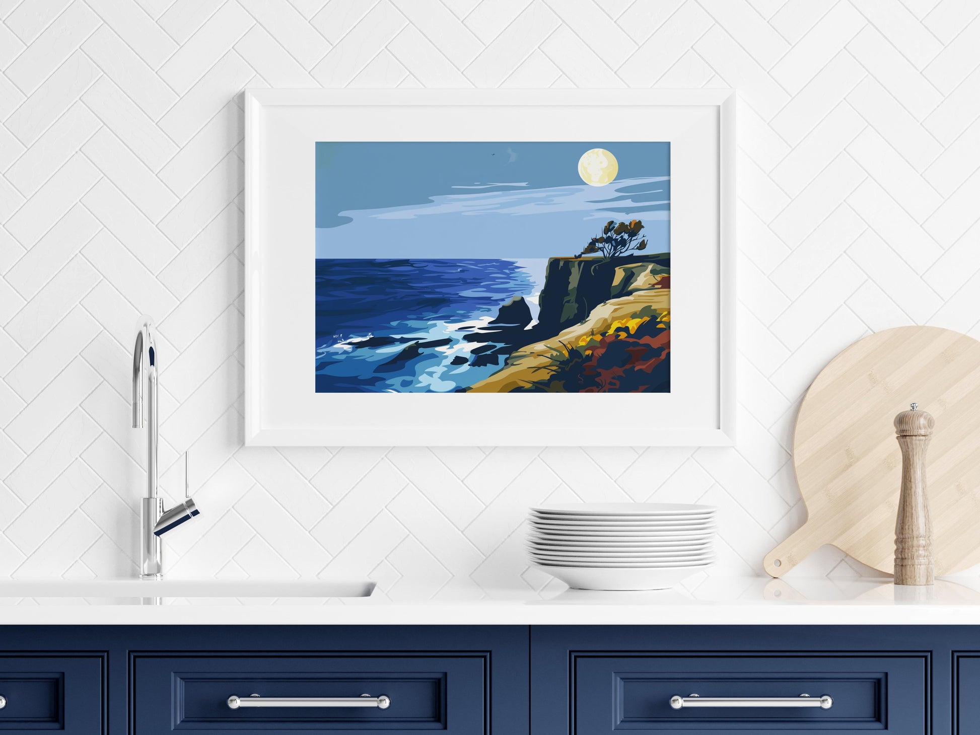 Moonlight on the Cliff- Cliff, Color Harmony, Coast, Moonlight, Art Print