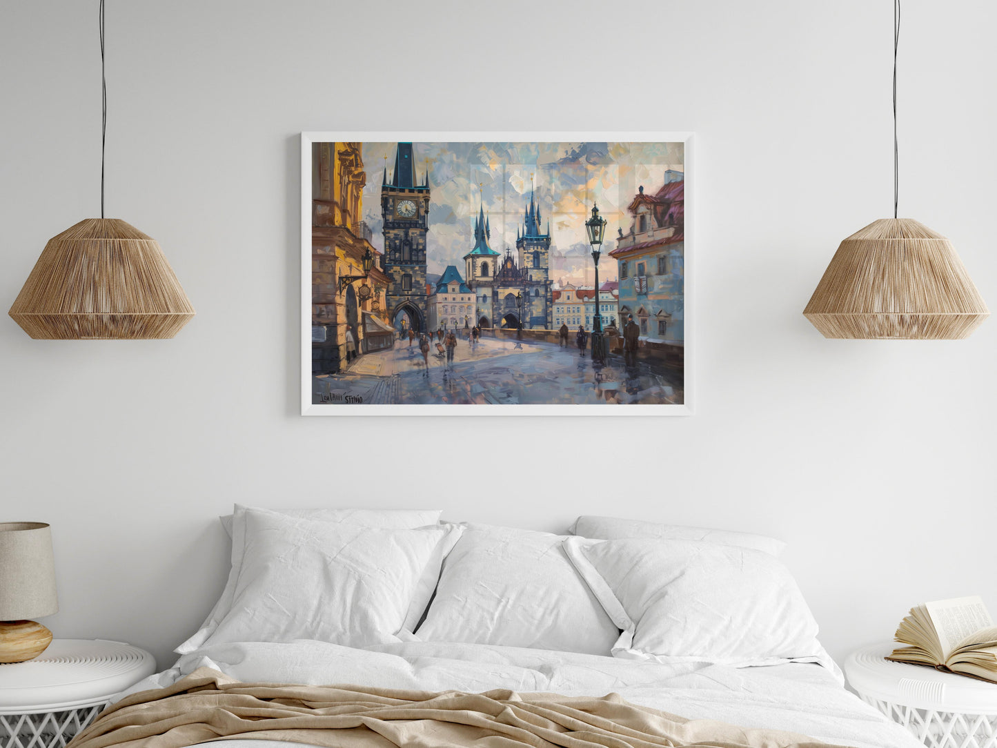 Dawn over Charles Bridge- Play of light and shadow, Realistic art, Architectural masterpiece, European architecture, Office decor