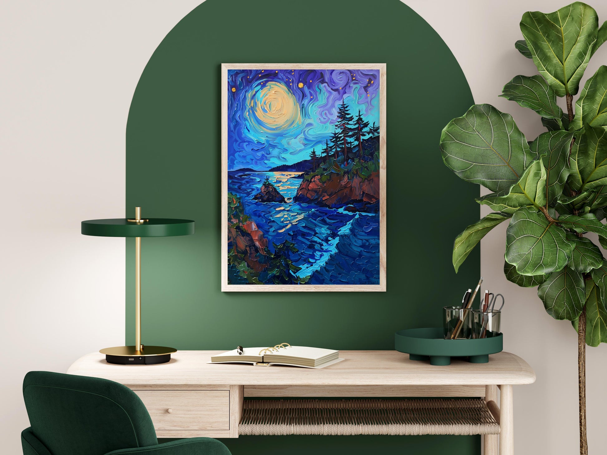 Nocturnal Symphony of the Northwest Coast- expressive colors, collectible paintings, Art print, night ambience, modern art