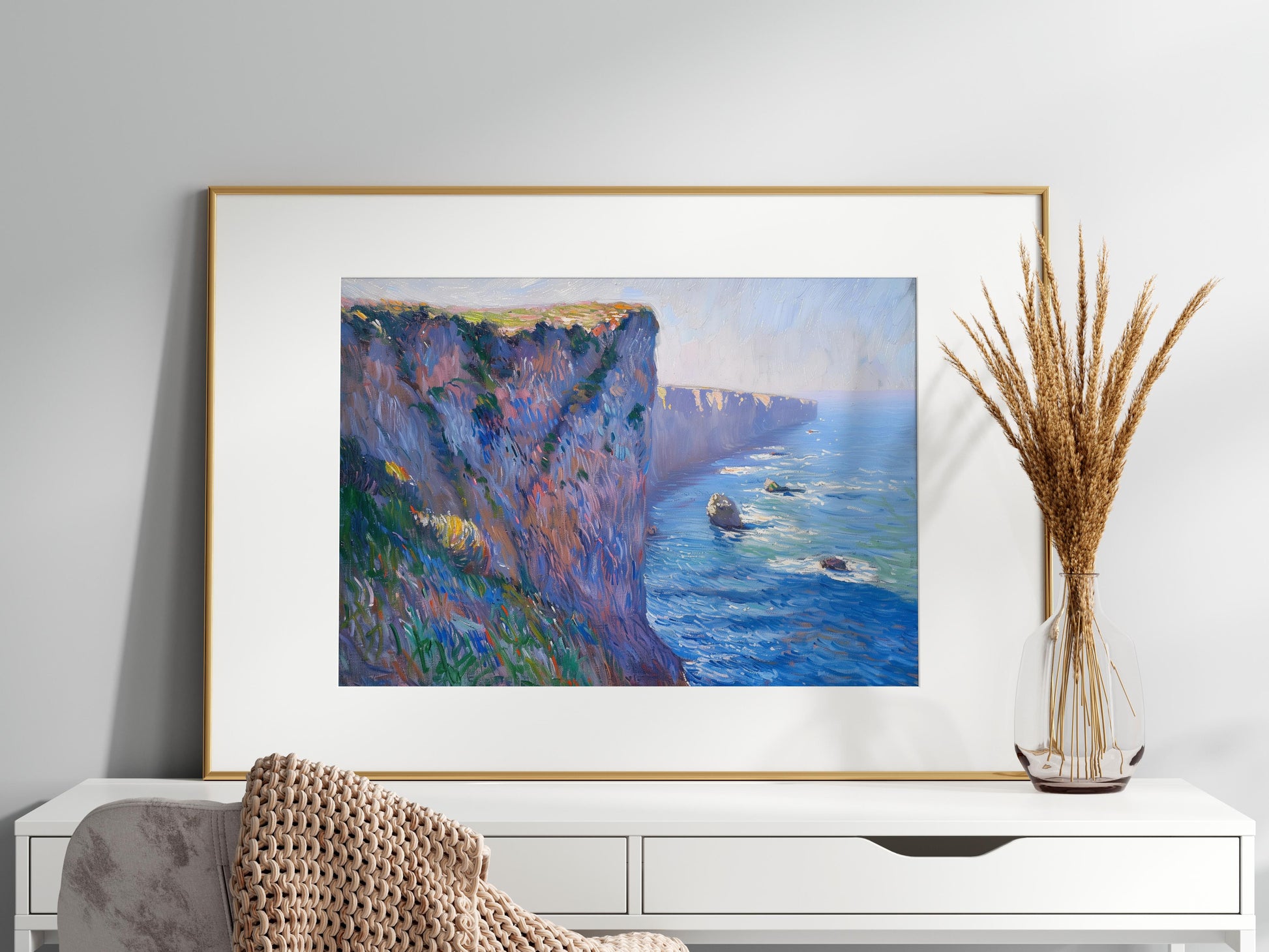 Midday Glow on Coastal Cliffs- Coastal cliffs, Maritime landscape, Vibrant colors, Impressionism, Dynamic texture