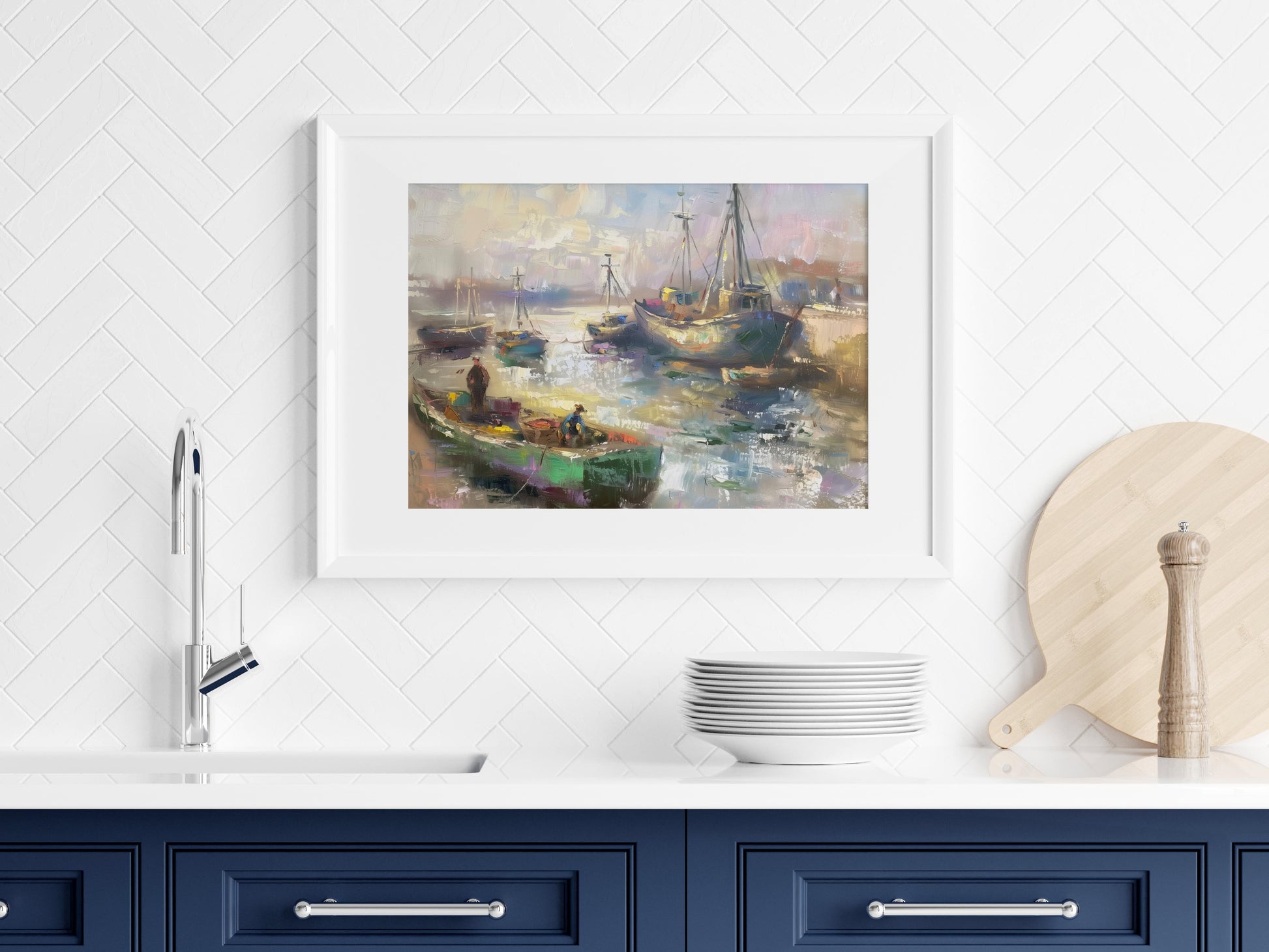 Dawn at the Fishing Harbor- Maritime Atmosphere, Dynamic Brushstrokes, Coastal Town, Fishing Boats, Porto