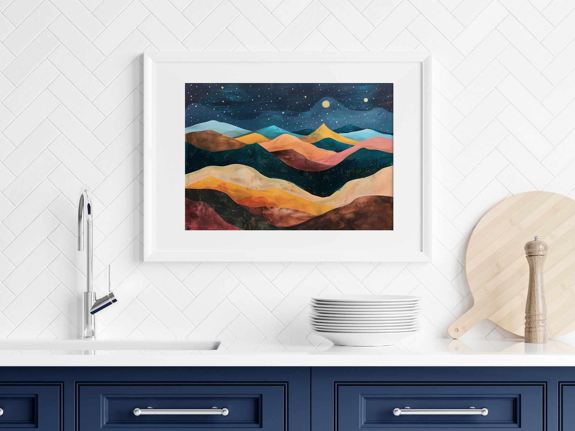 Starry Mountain Night- color harmony, starry sky, abstract mountain landscape, nocturnal scenery, minimalist art