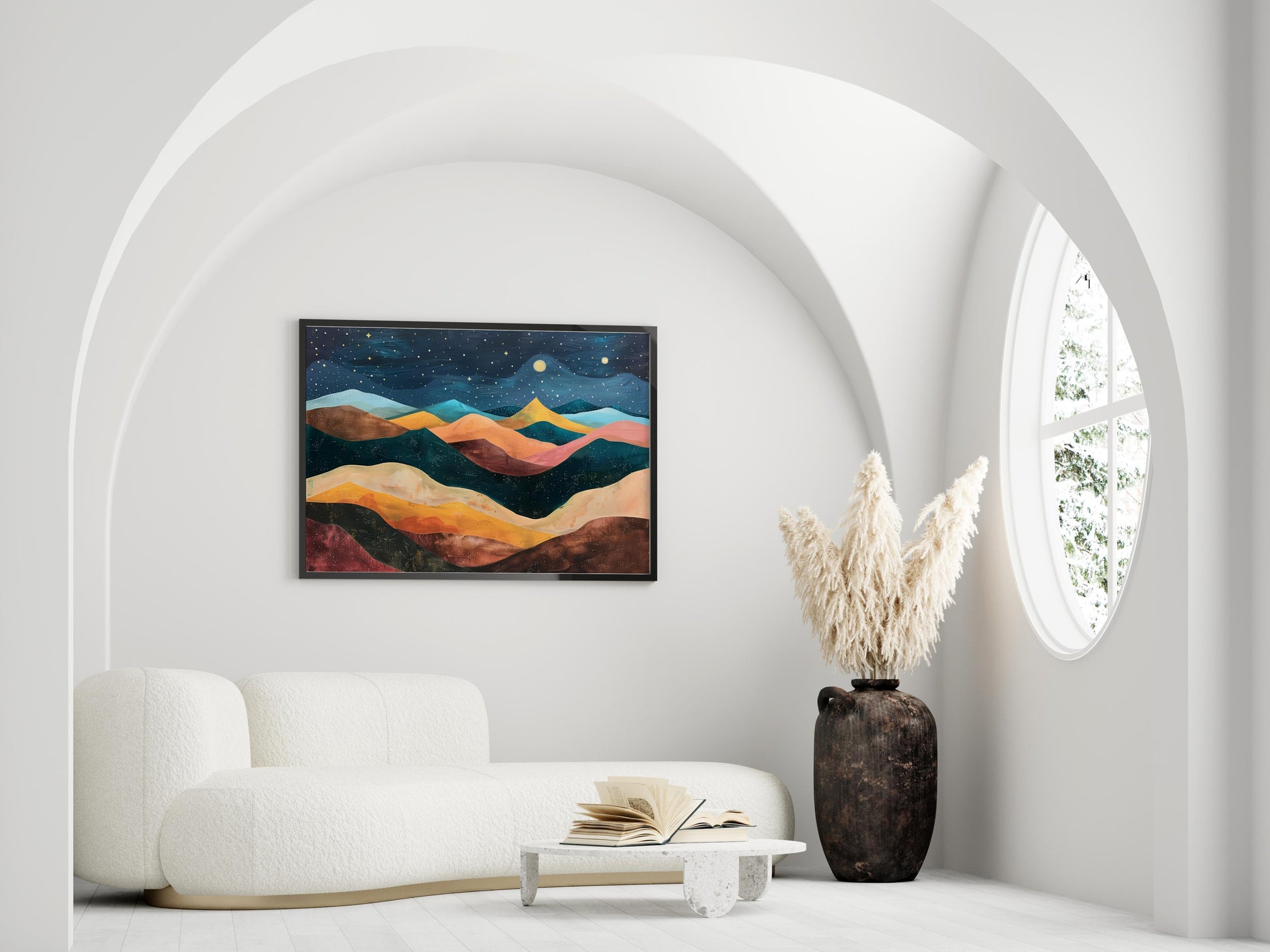 Starry Mountain Night- mountain panorama, nocturnal scenery, color harmony, minimalist art, depiction of nature