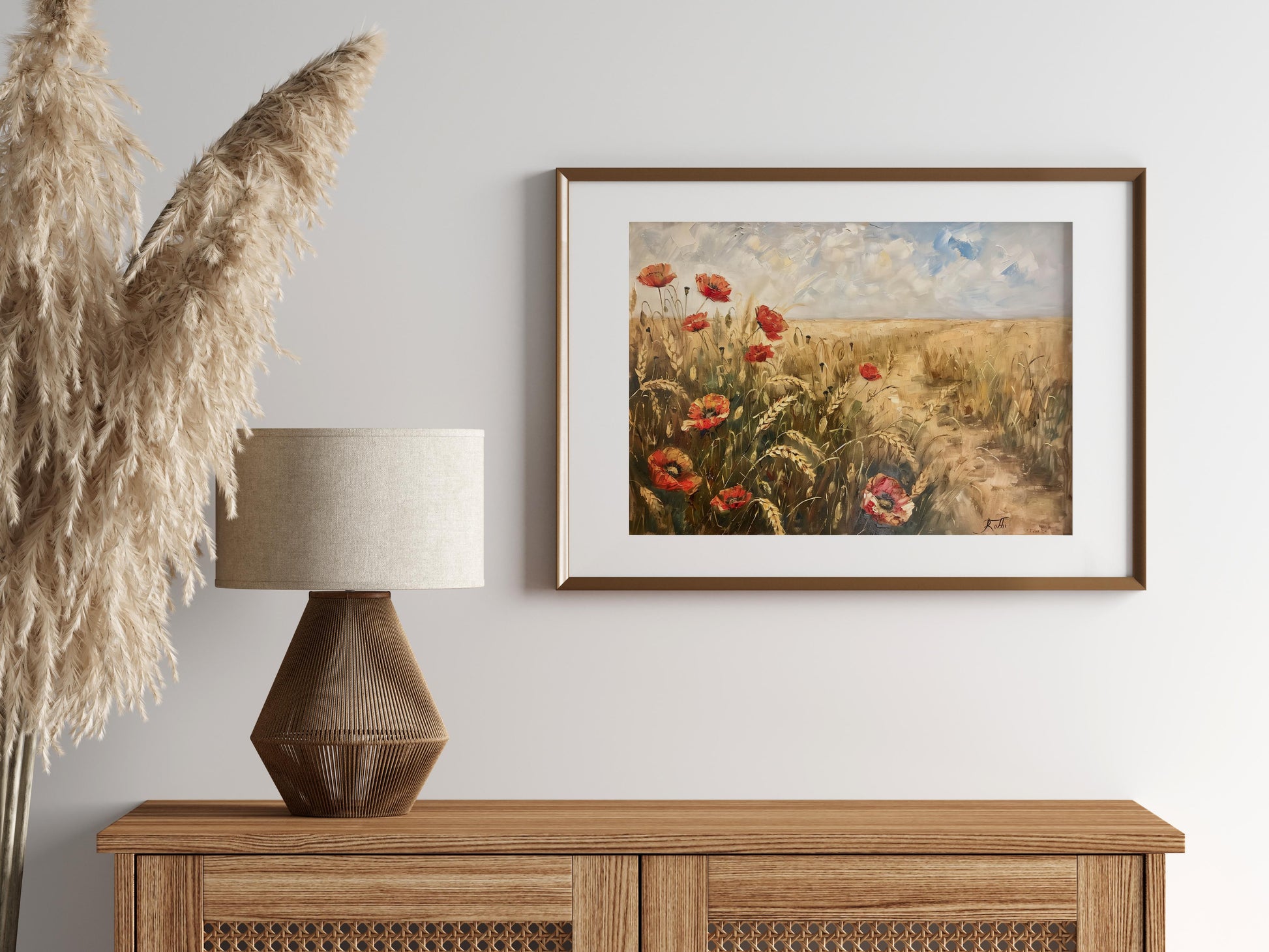 Poppy Flowers in the Wheat Field - A Touch of Modernism- wheat field, Esteban Azuela, earth tones, poppy flowers, peace