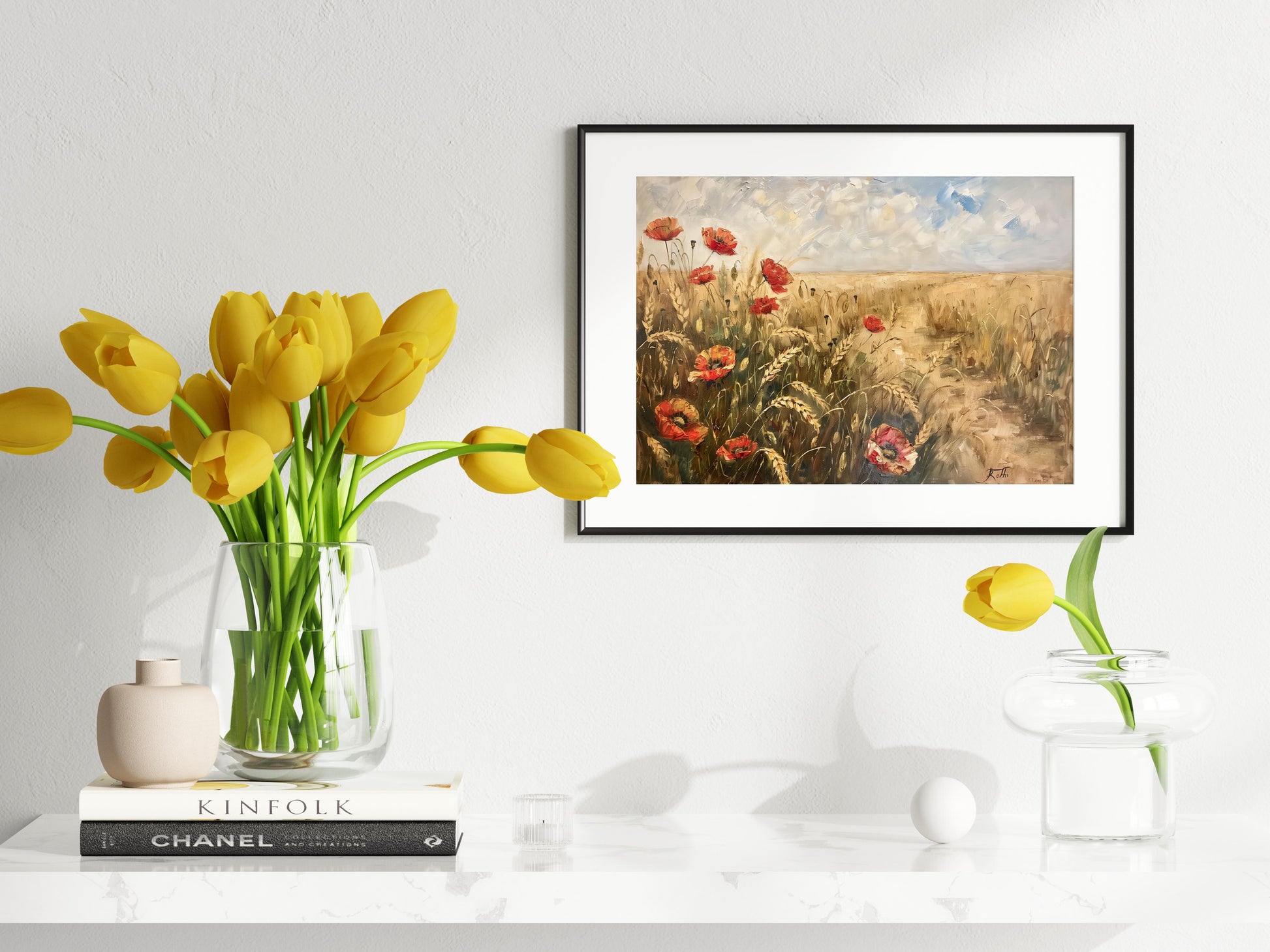 Poppy Flowers in the Wheat Field - A Touch of Modernism- poppy flowers, quiet, painting, Mexican Modernism, red accents