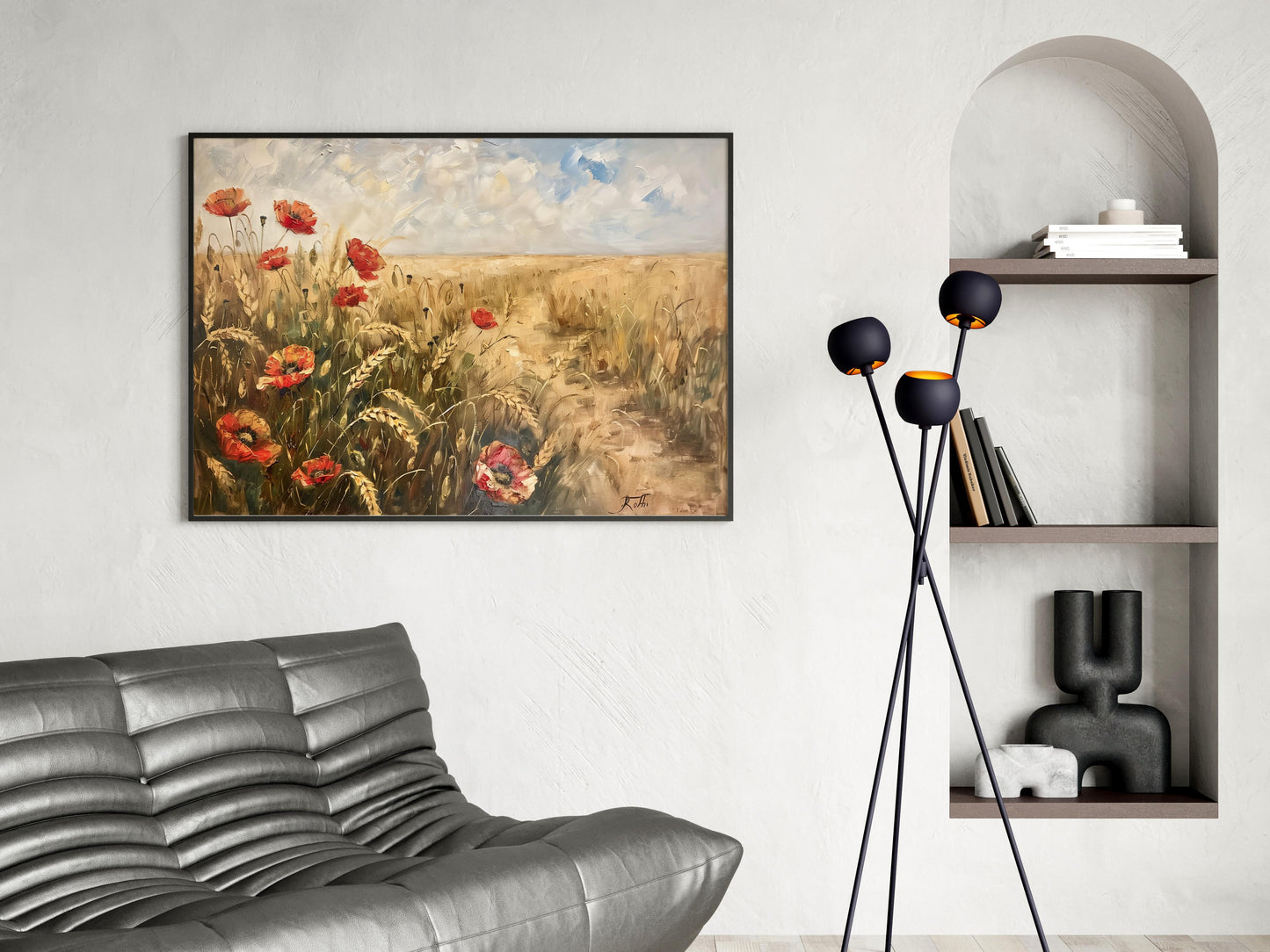 Poppy Flowers in the Wheat Field - A Touch of Modernism- earth tones, painting, red accents, tranquility, nature