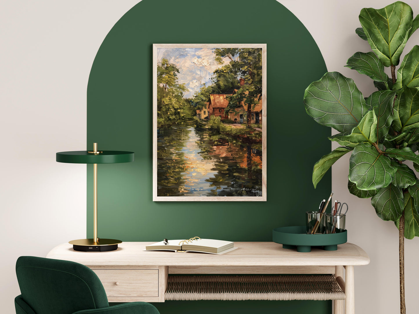 Peaceful Reflection- Plein air painting, Canvas print, River landscape, Village view, Harmony