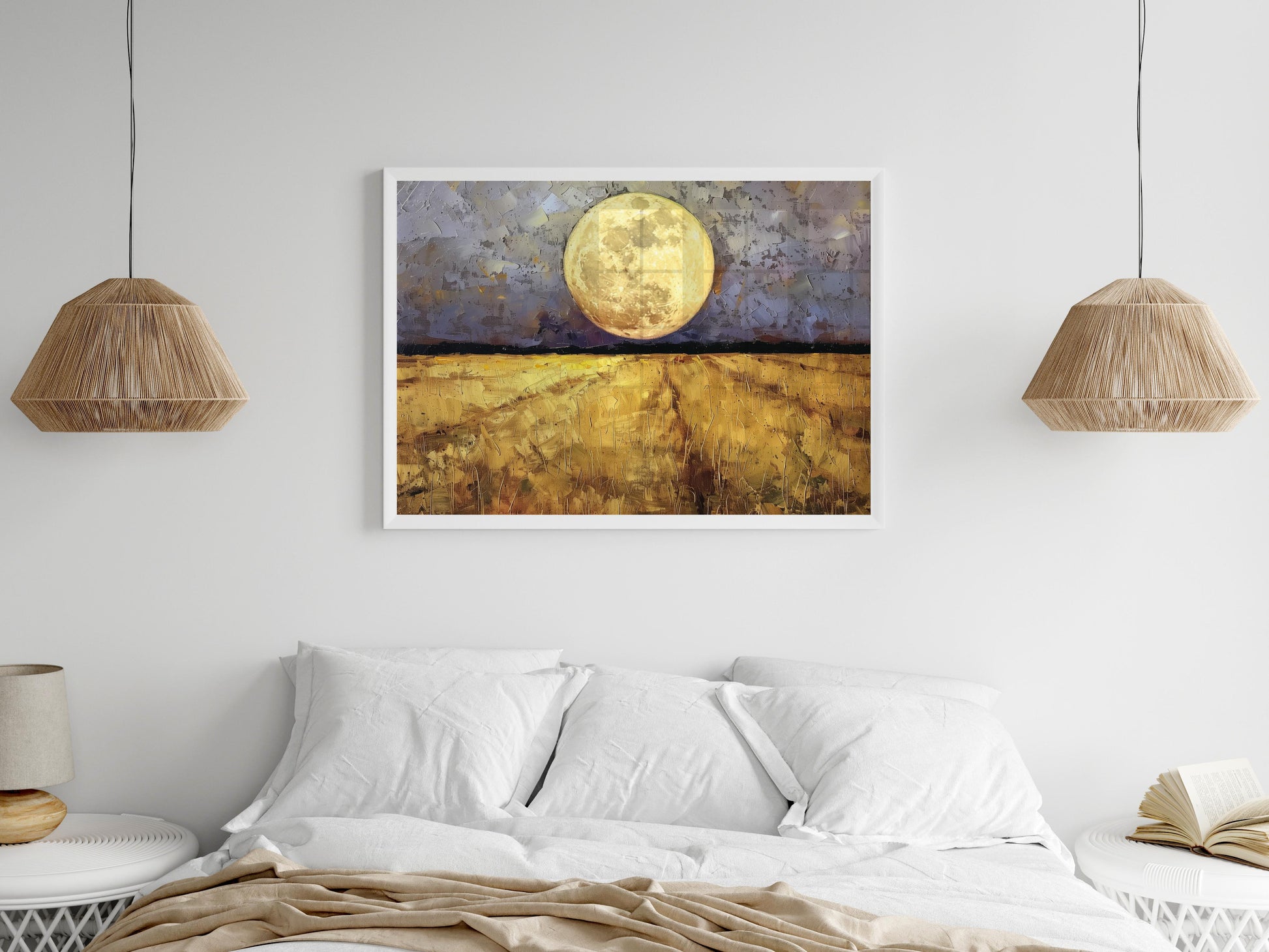 Midnight Harvest Beneath the Moon- Northern Lights, Contemplative Silence, Nocturnal Scene, Golden Field, Impressionist Brush Strokes