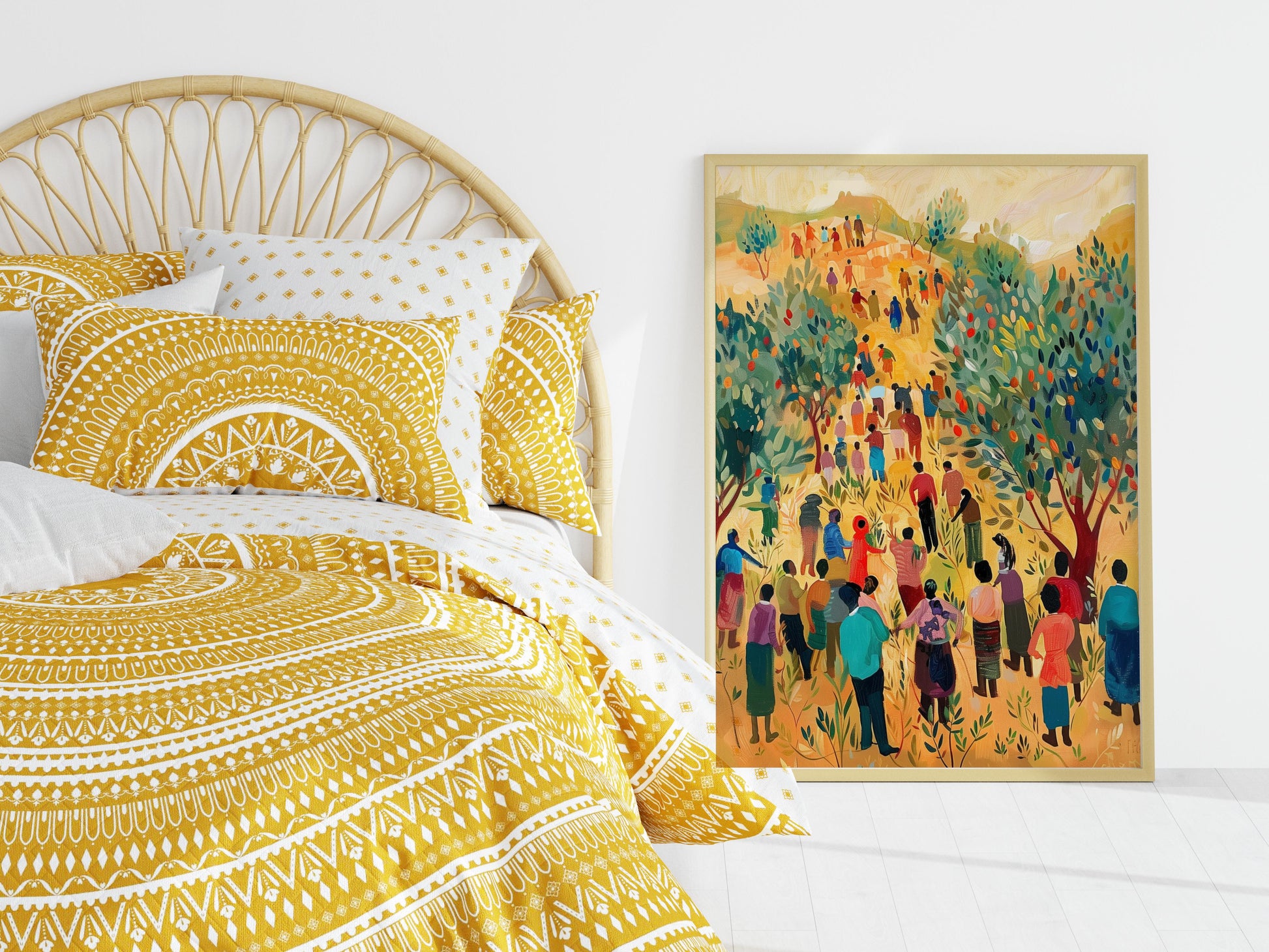 Harvested Community- African Art, Olive Harvest, Vibrant Color Palette, African Motifs, Traditional Elements