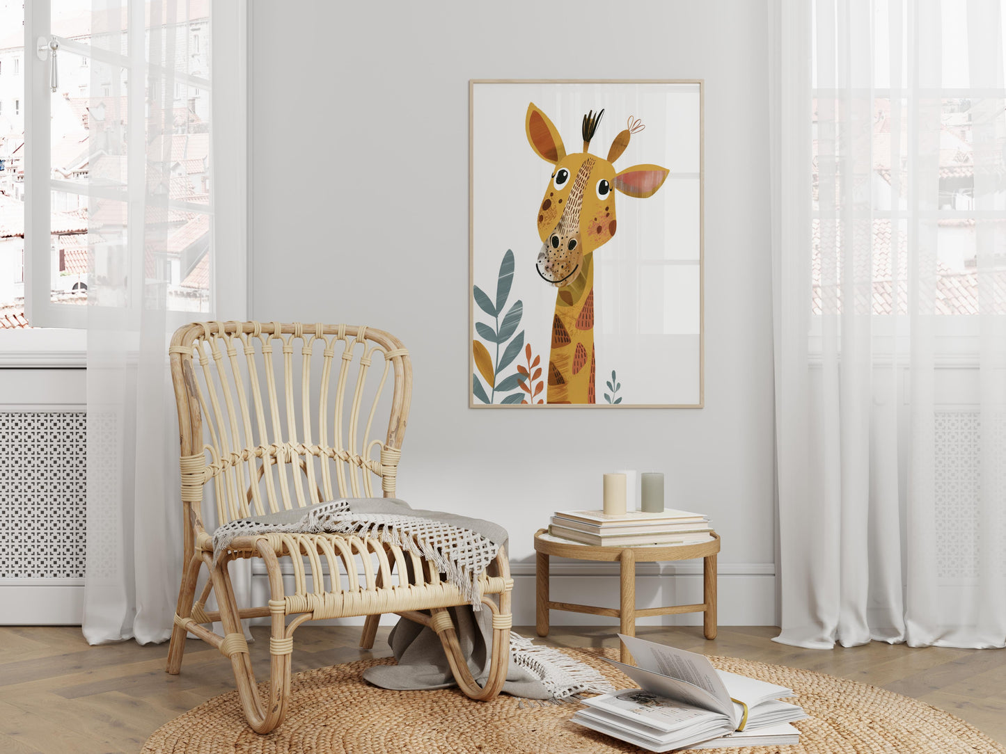 Playful Curiosity - A Giraffe Illustration by Olena Kucherova- Olena Kucherova, colorful, children's motif, animal character, giraffe