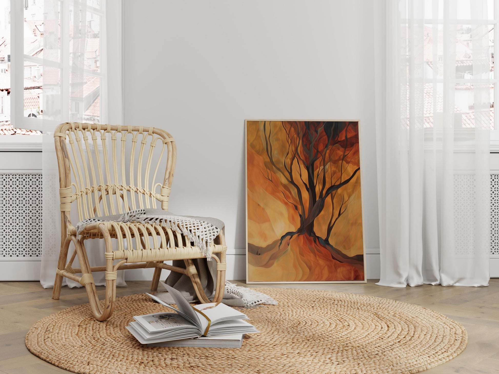 Flames of the Earth- home design, decorative, desert landscape, tree motif, botanical