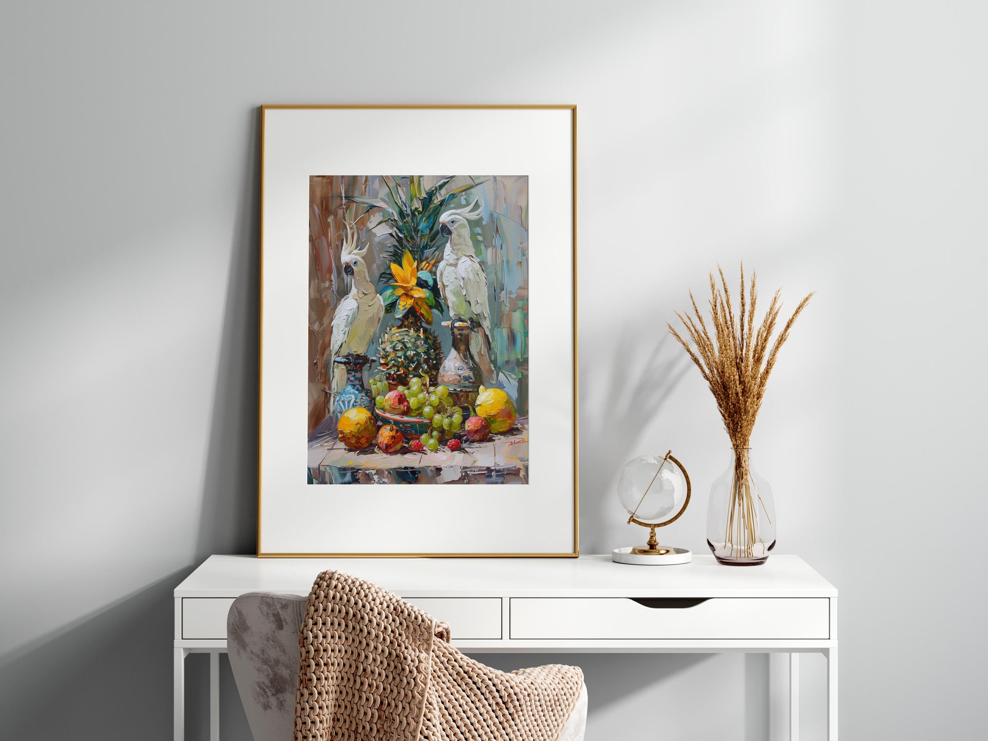 Vibrant Still Life with Tropical Birds- Cockatoos, Impressionism, Fruits, Play of Light, Vibrant