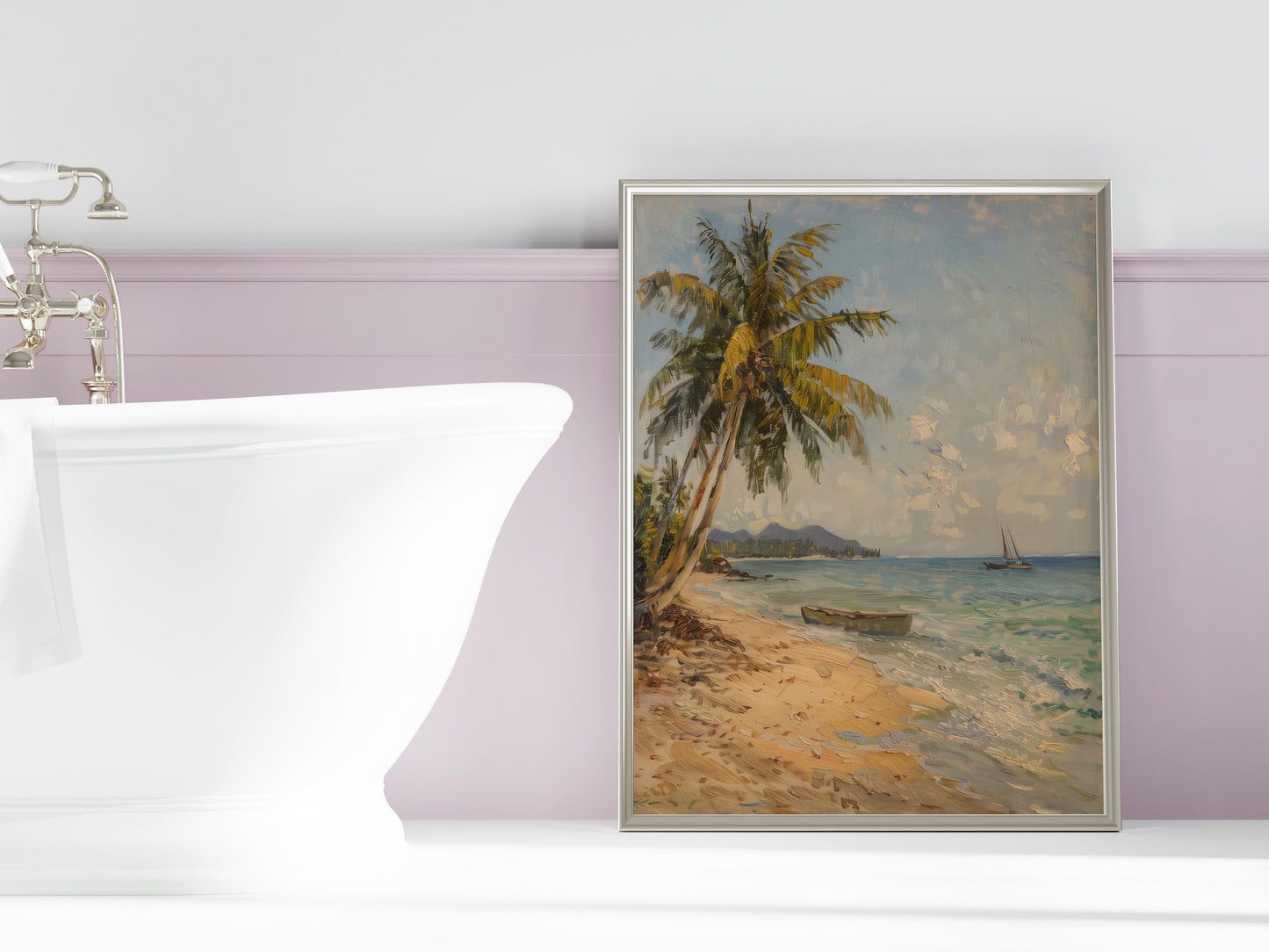 Dawn at the Hidden Beach- Marine piece, Beach dawn, Nature painting, Lonely beaches, Palms