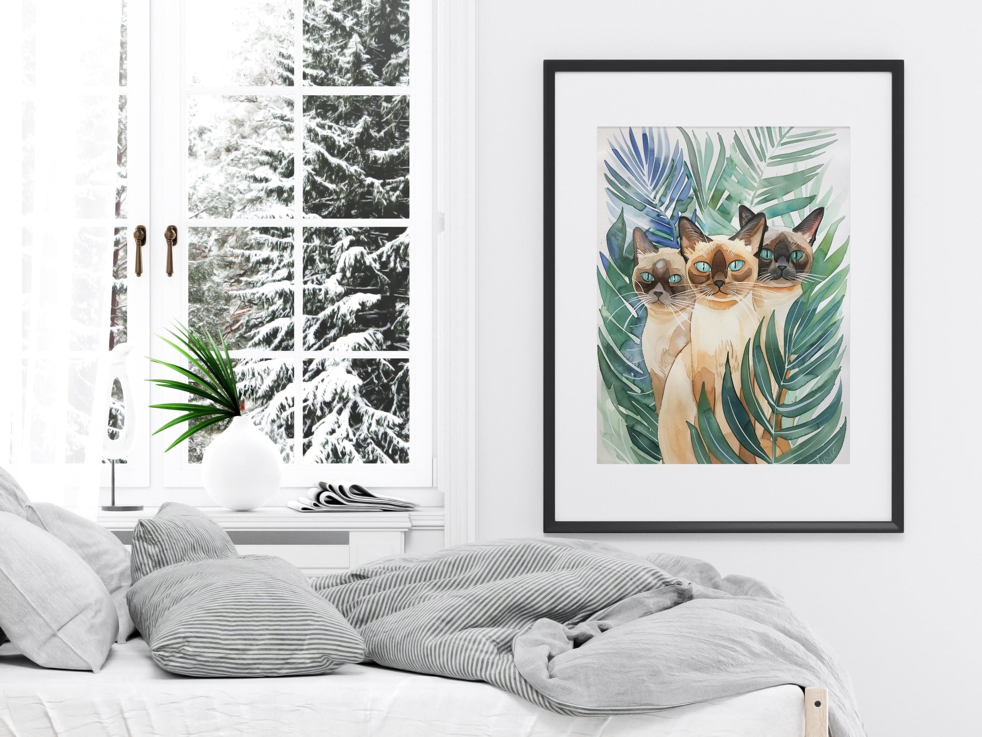 Mysterious Eyes in the Jungle- Watercolors, Cat, Noble Animals, Elegance, Plants