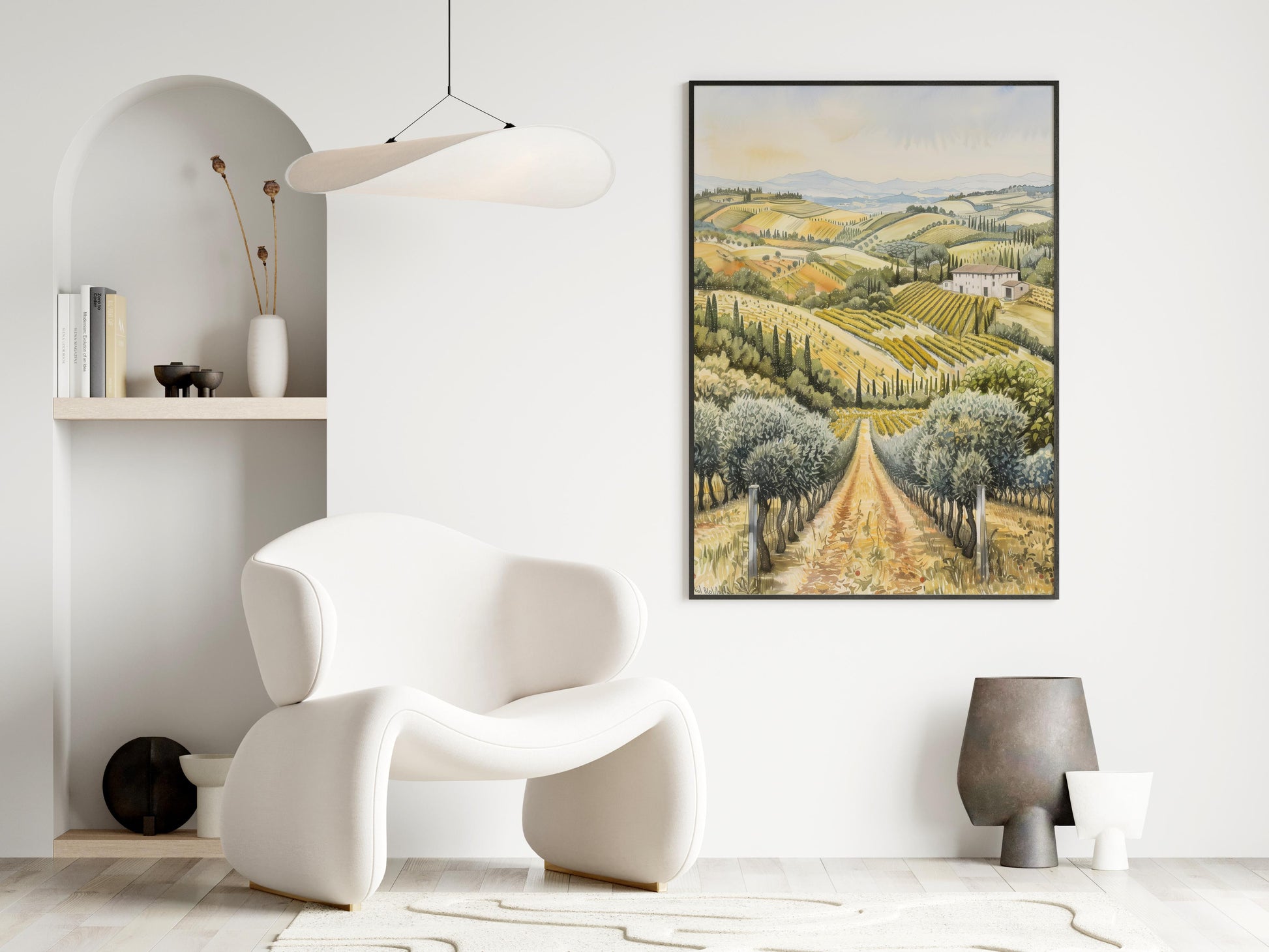 Idyllic Tuscany- Olive Groves, Watercolor, Landscape Painting, Relaxation, Interior Design