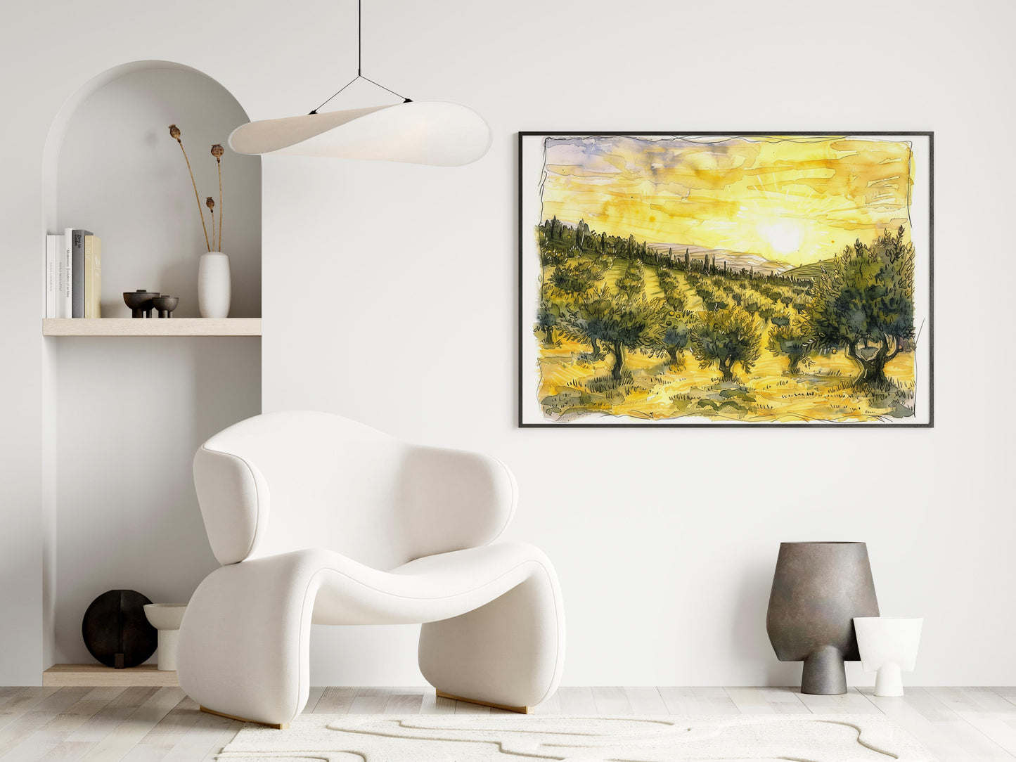 Evening Glow in the Olive Groves- Nature, Mediterranean, Ink Art, Country Style, Oasis of Peace