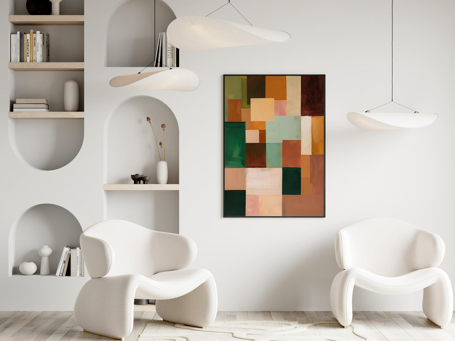 Harmony of Silence- Contemplation, Geometric Abstraction, Earthy Tones, Pastel Colors, Texture