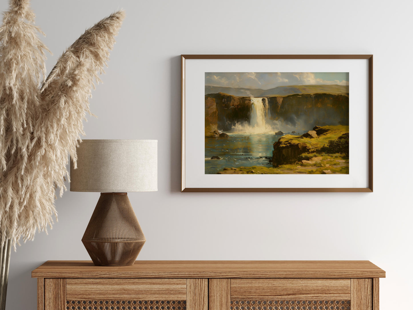 Icelandic Waterfalls: A Masterpiece by Mariana Silvers- nature art, American realism, lush green, oil painting, meadows