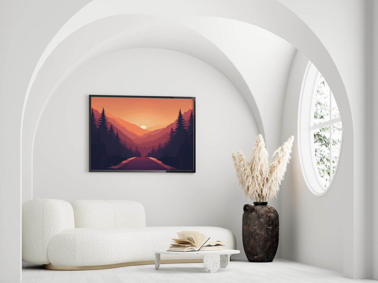 Sunset in the Mountainous Pass- forest, tranquility, natural beauty, harmonious art, nature art