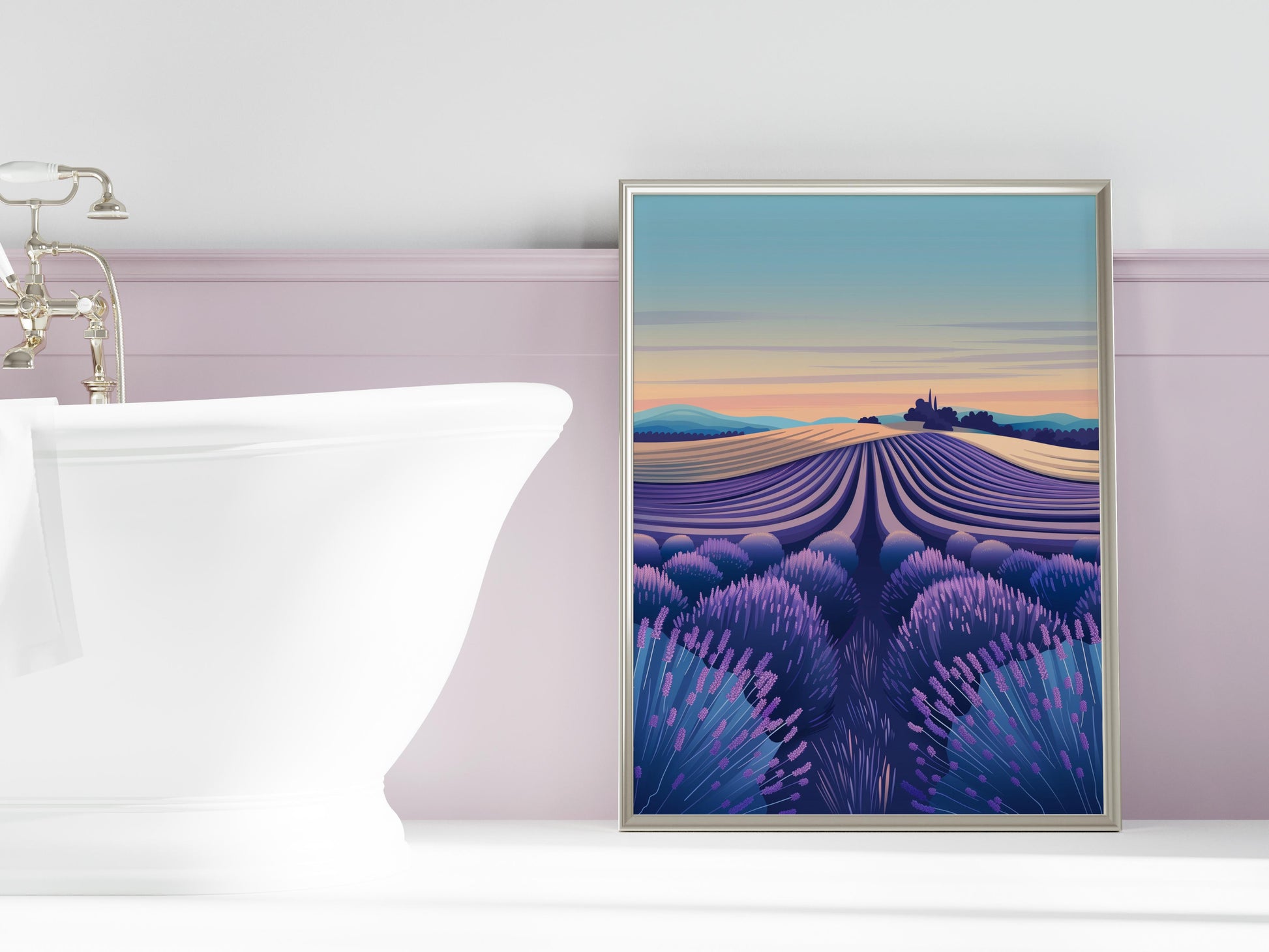 Geometric Symphony of the Lavender Fields- landscape art, nature depiction, abstraction, lavender, geometry