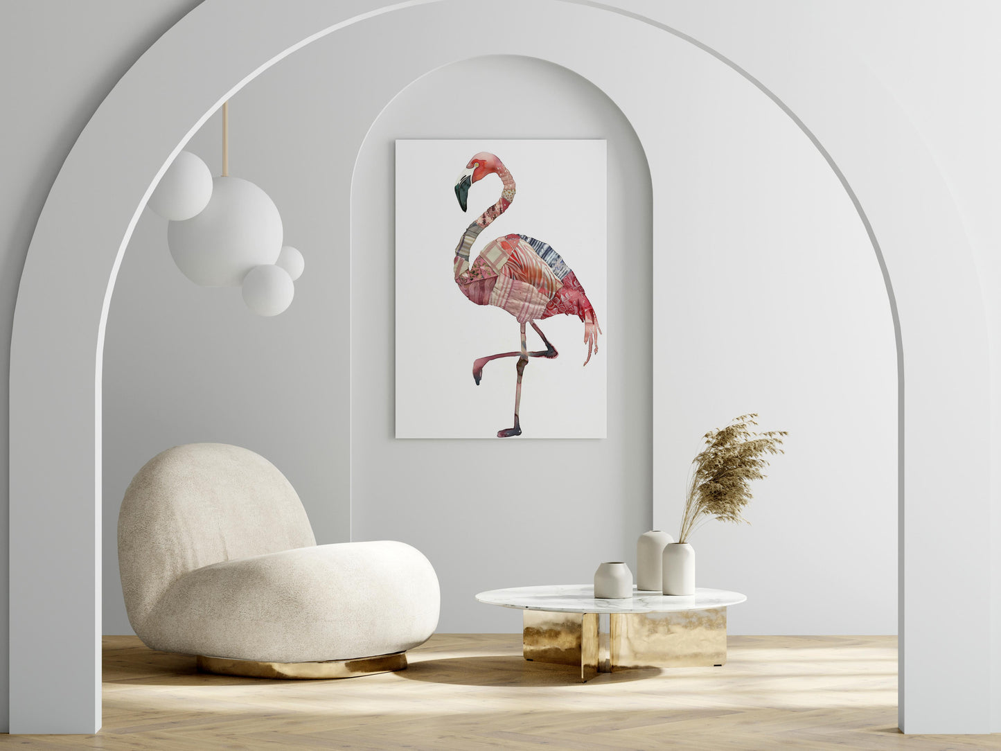 Flamingo Fantasien von Eliana Solberg- Textur, Folk Art, Eliana Solberg, Patchwork-Design, moderner Märchenstil