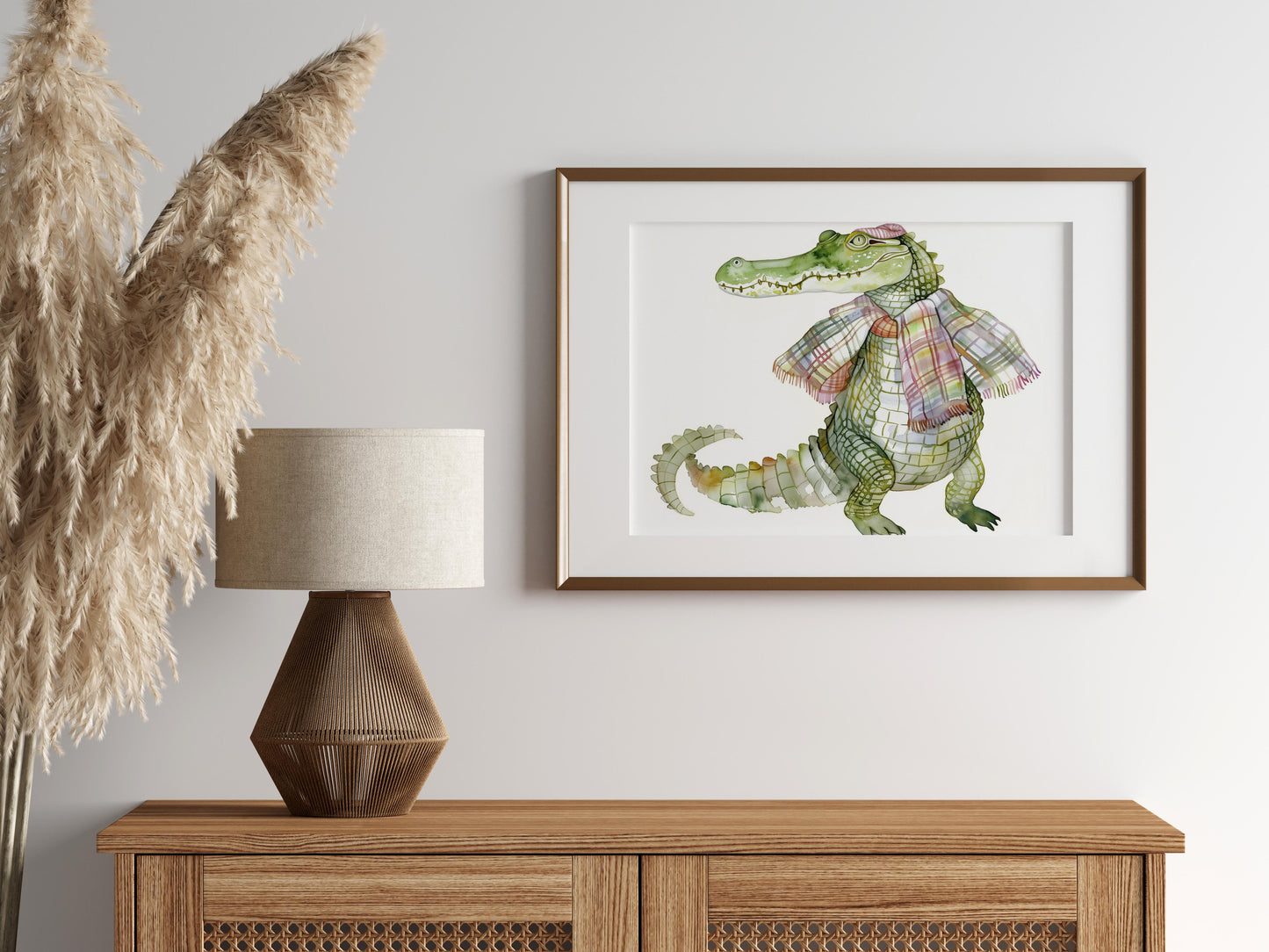 Der elegante Krokodilherr- Nordic folklore, soft colors, crocodile, watercolor, colorful scarf