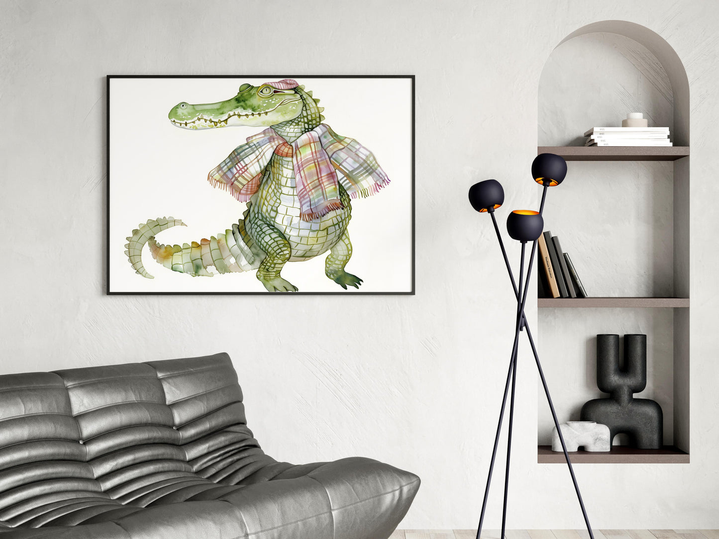 Der elegante Krokodilherr- soft colors, colorful scarf, crocodile, home decor, illustration