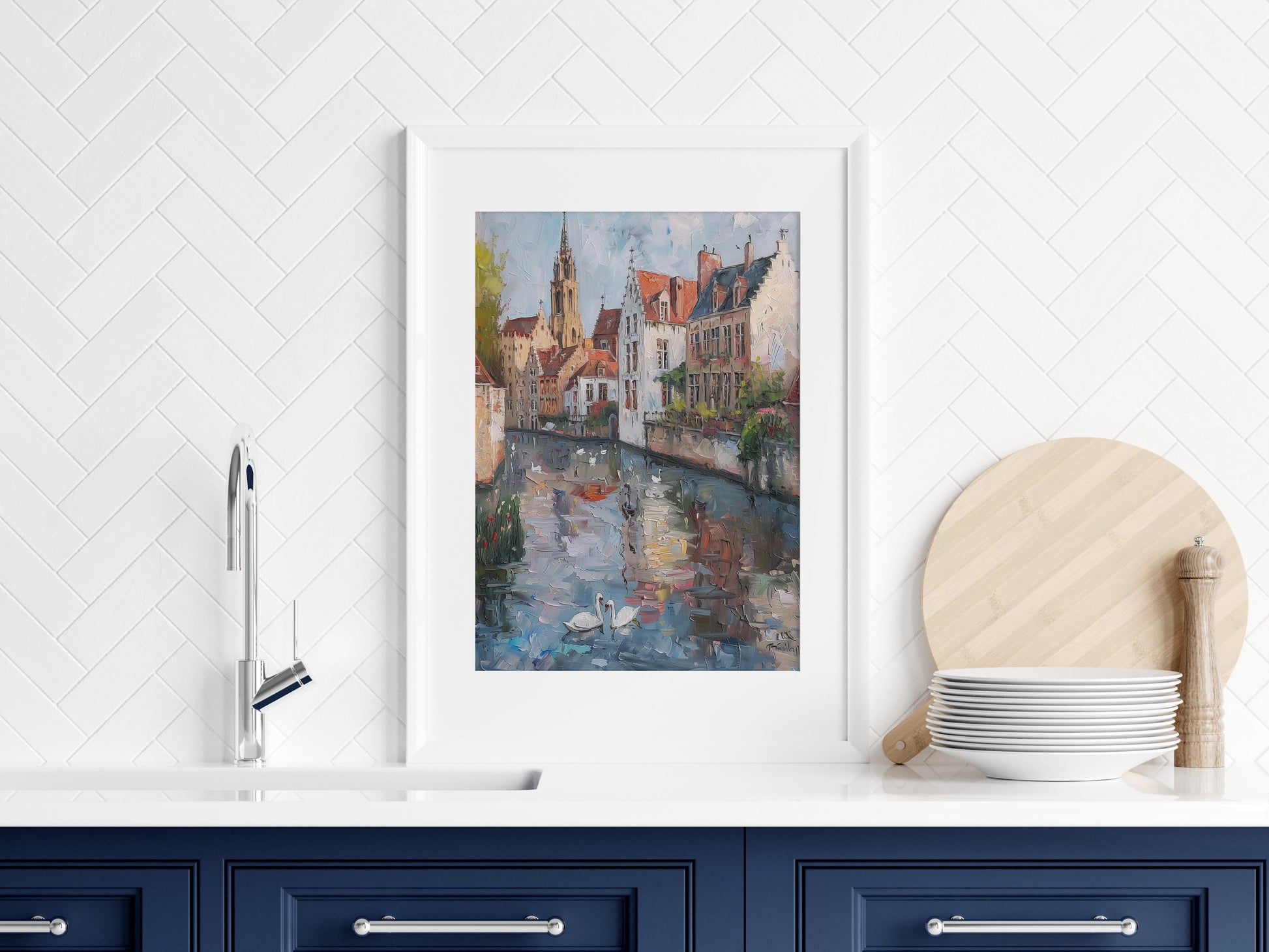 Morning Stillness in Bruges- swans, city view, reflections, play of light, Italian artist