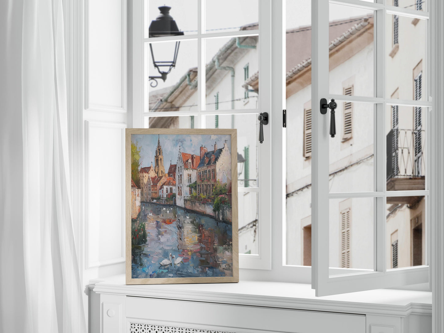 Morning Stillness in Bruges- Italian artist, reflections, play of light, Impressionism, Bruges