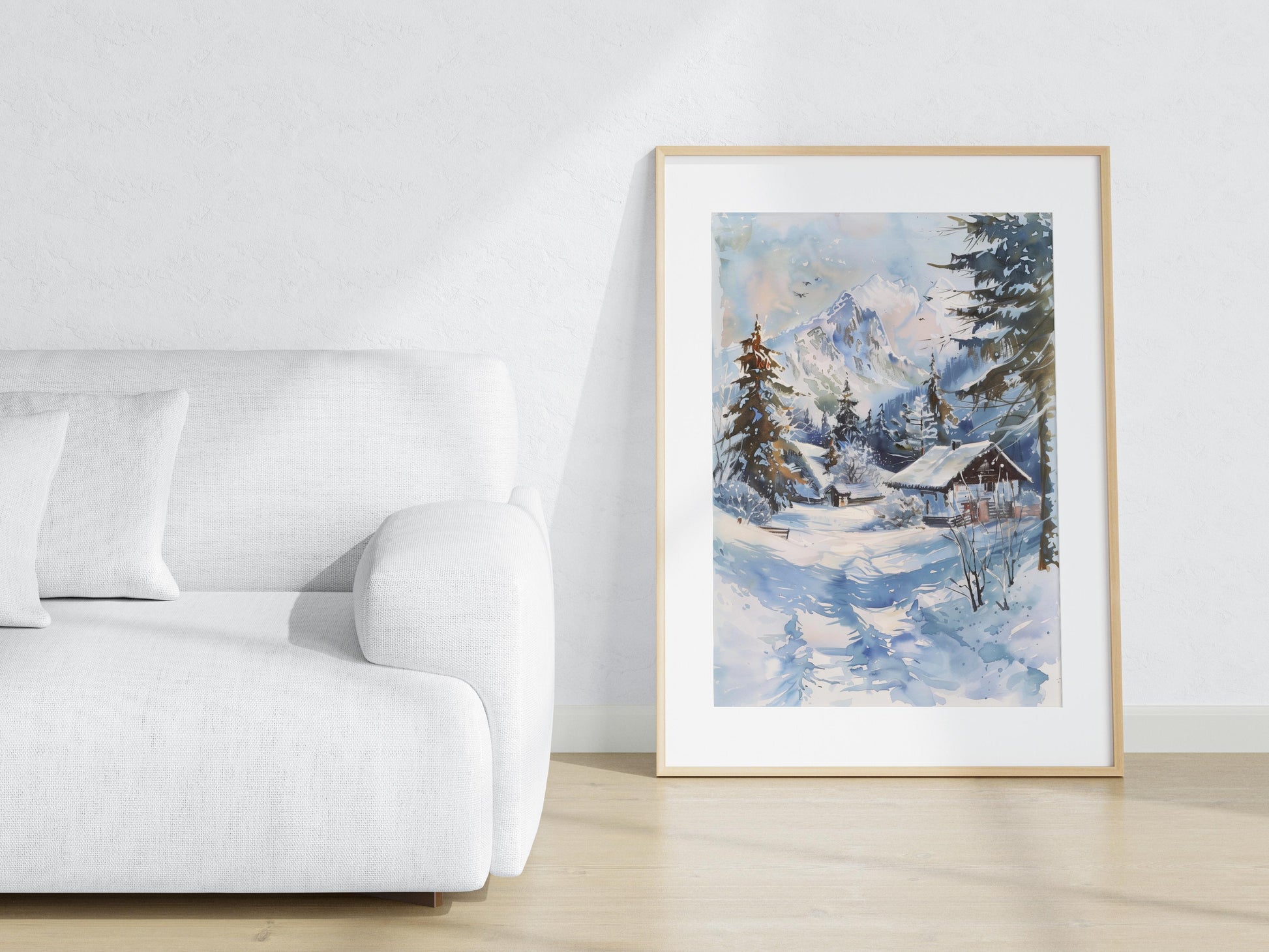 Alpine Winterpracht- wall decoration, living room art, wooden cabin, winter path, landscape art