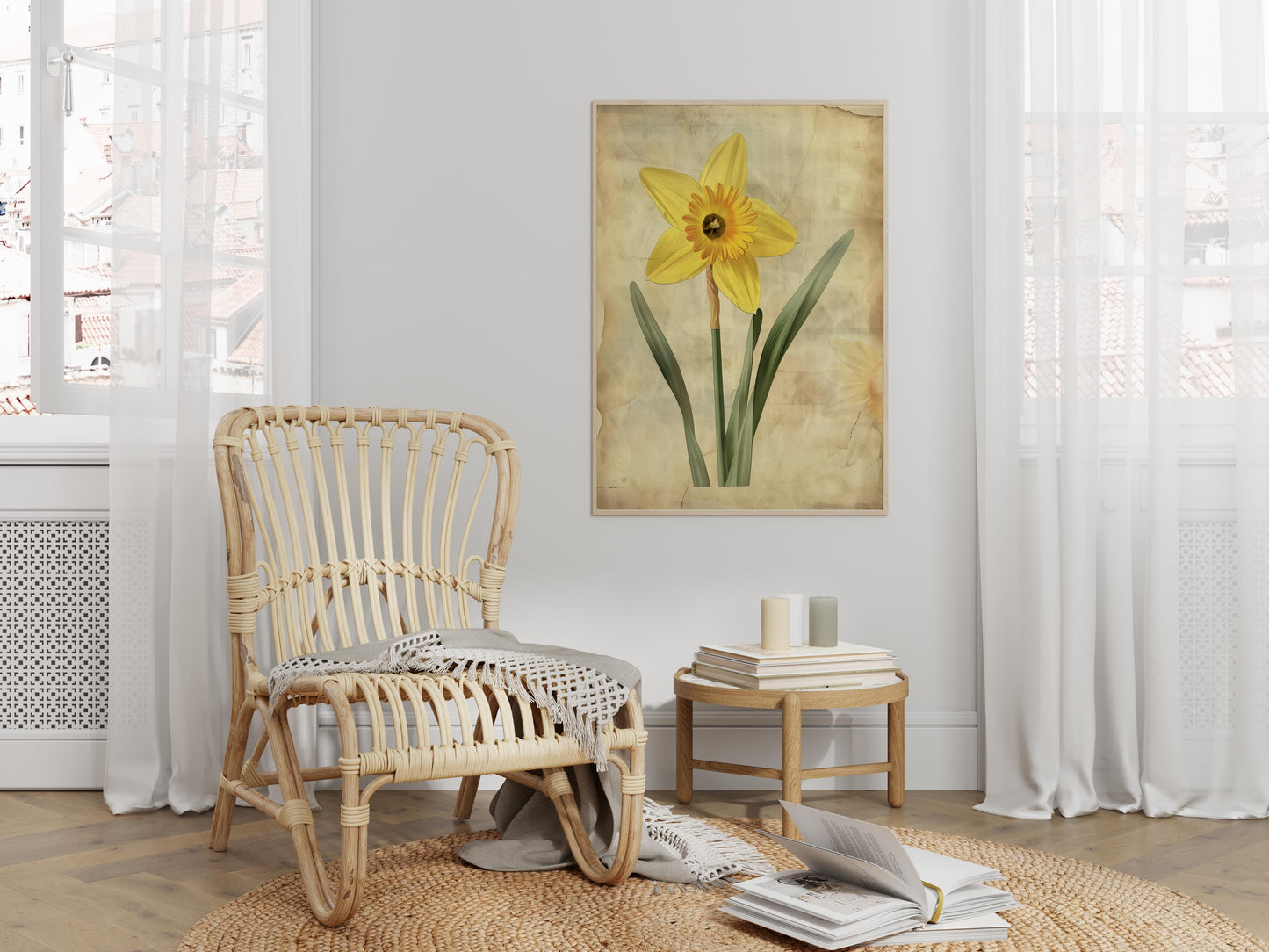 Awakening of Spring: The Daffodil- spring, green shades, flower illustration, botanical art, nature depiction