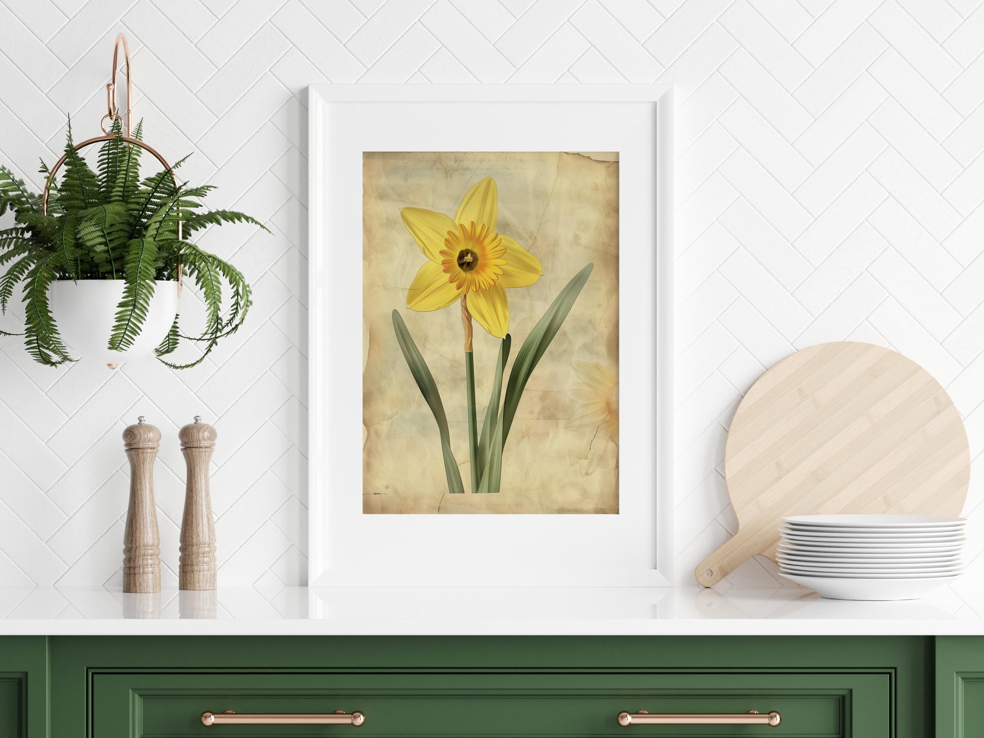 Awakening of Spring: The Daffodil- yellow hues, flower illustration, green shades, vintage, antique background