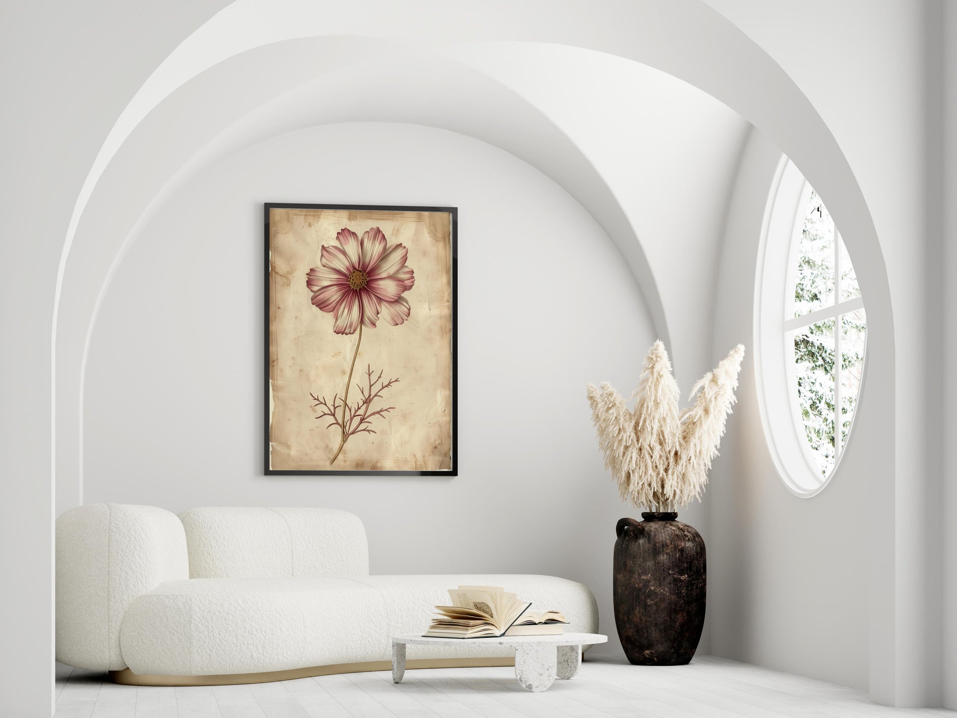 Harmonie der Natur: Die Kosmosblüte- white shades, symbol of order, cosmos flower, home decor, aged background