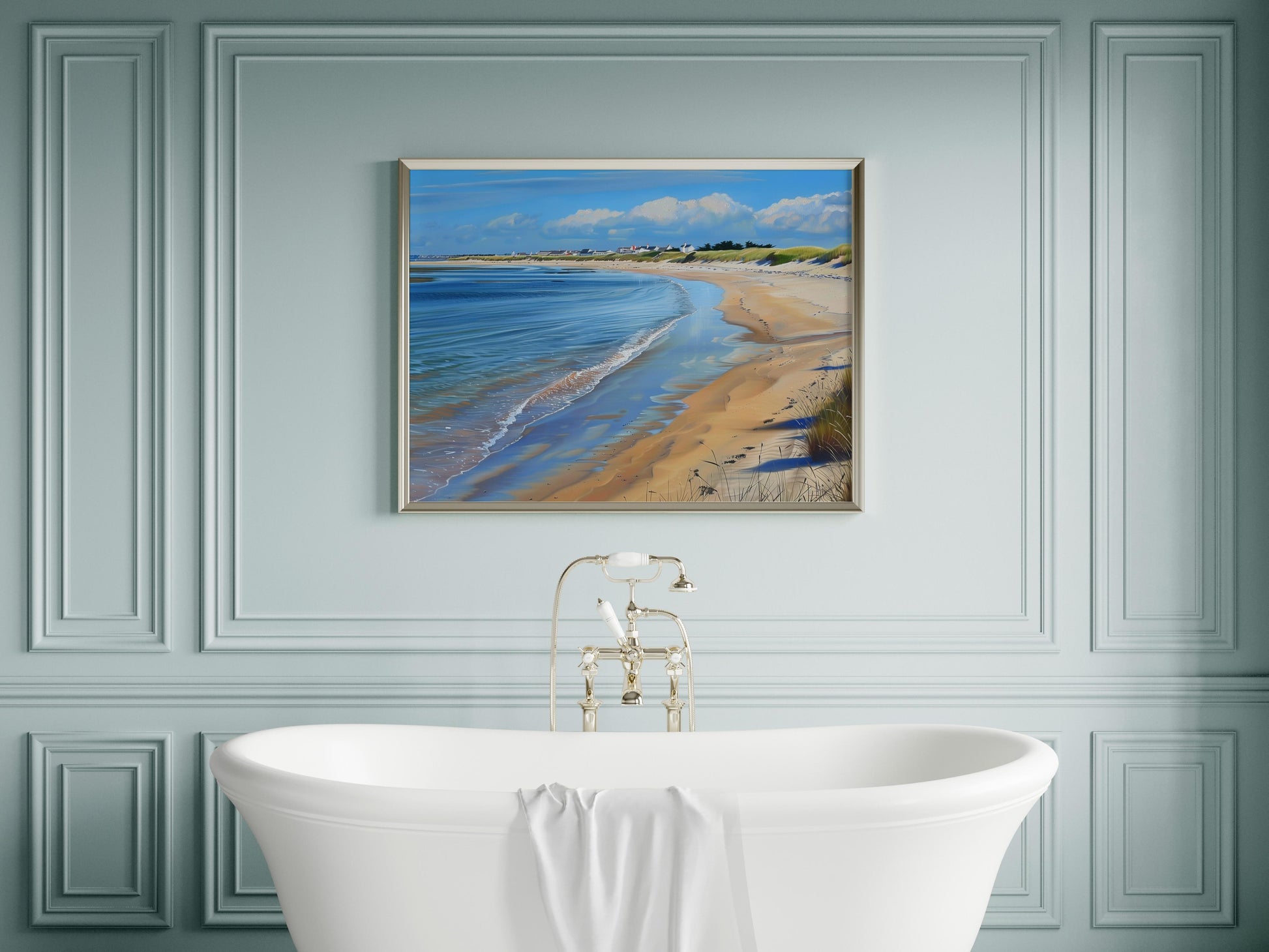 Whispering Waves on the Shore- clear waters, nature painting, sand dunes, realism, sandy beach