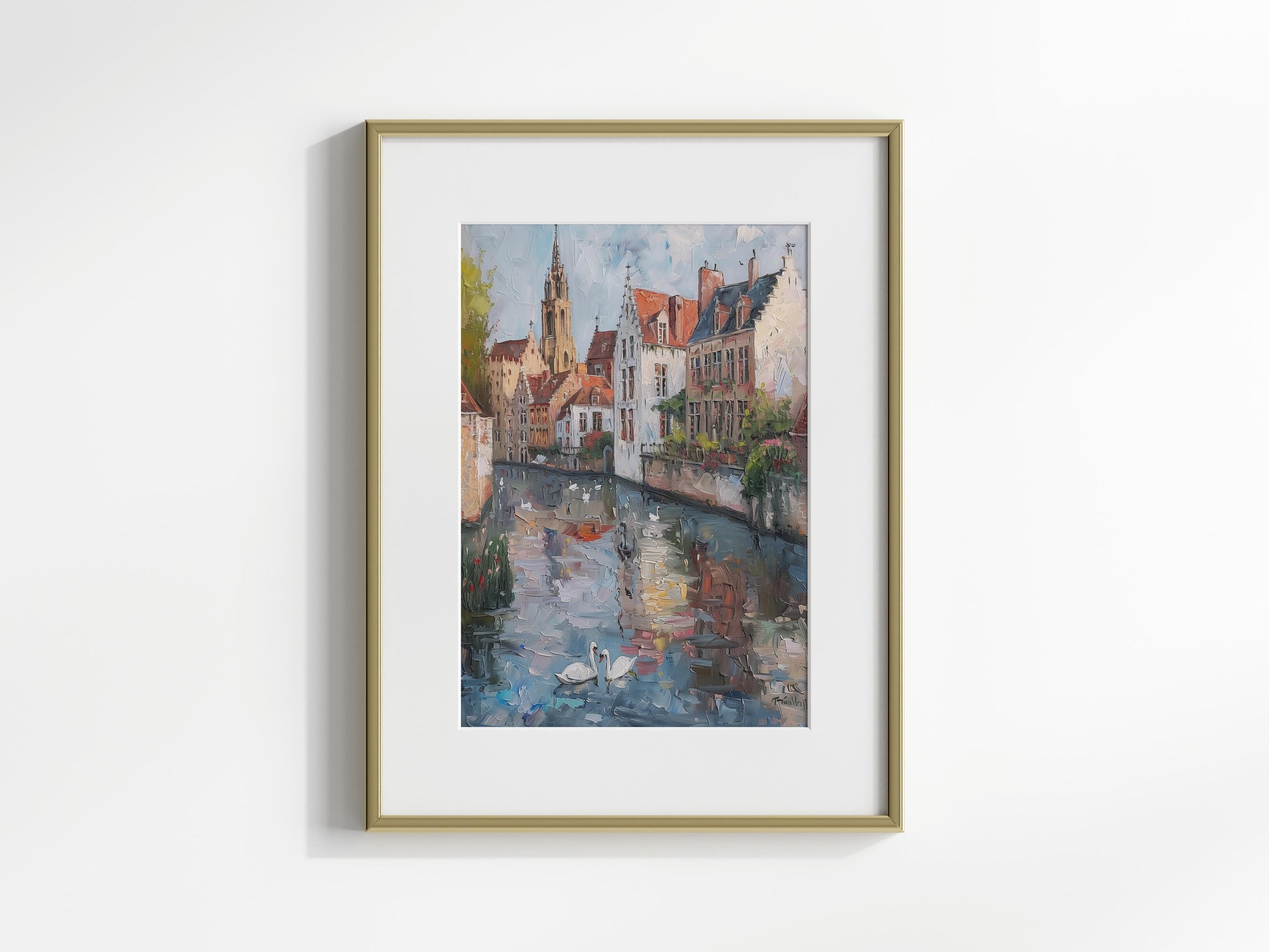 Morning Stillness in Bruges- canal, swans, Impressionism, reflections, Italian artist