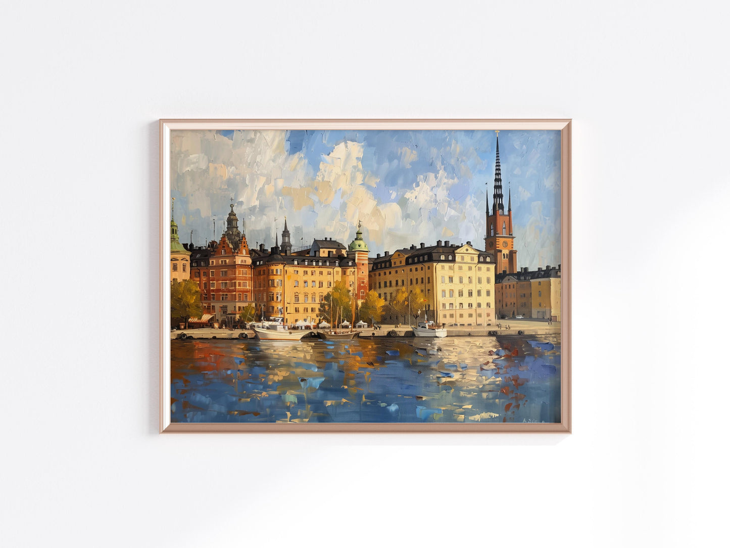 Stockholmer Sonnenuntergang: Ein Blick auf Gamla Stan- water reflections, light play, Alessia Moretti, contemporary art, Gamla Stan