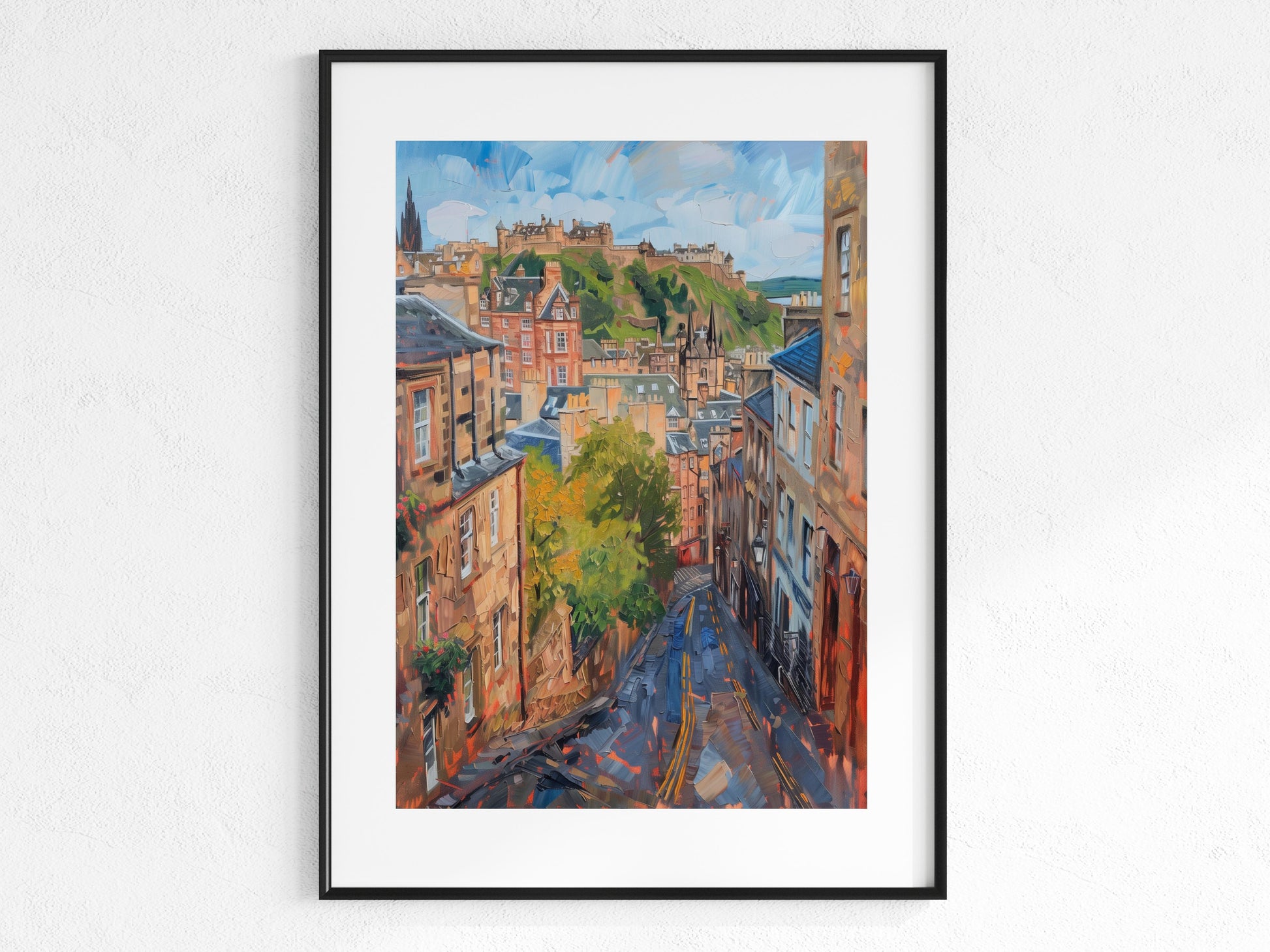 Morgendämmerung in Edinburgh- impressionism, shadow, city view, Royal Mile, stone facades