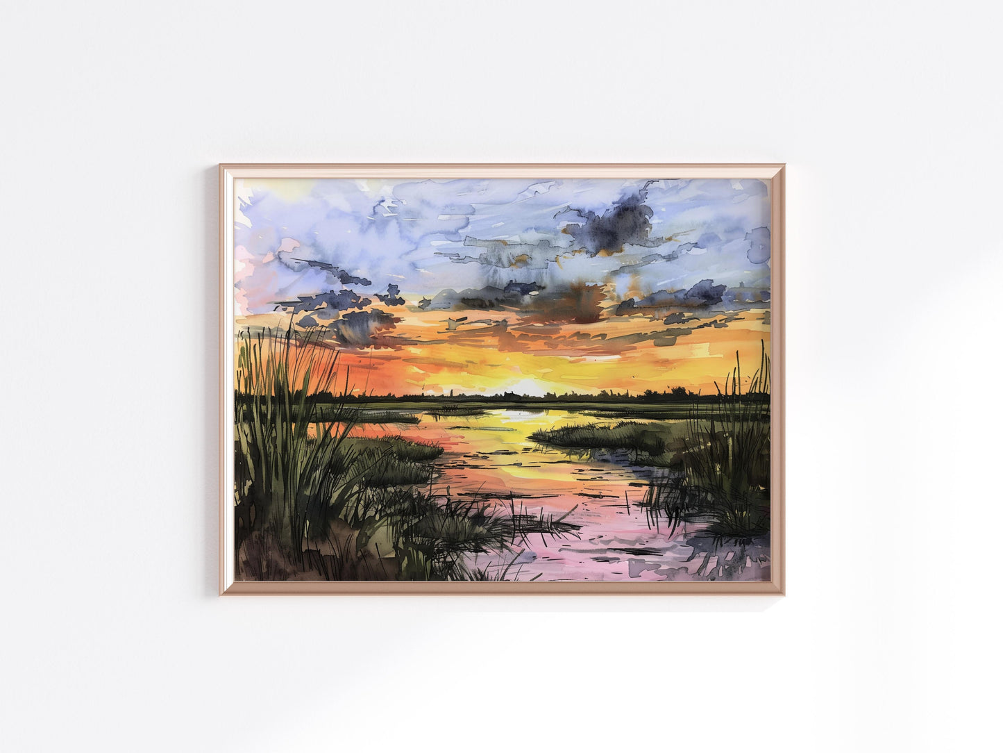 Marshland Twilight Glow- Watercolor, Sakura, Still Life, Tradition, Marshland