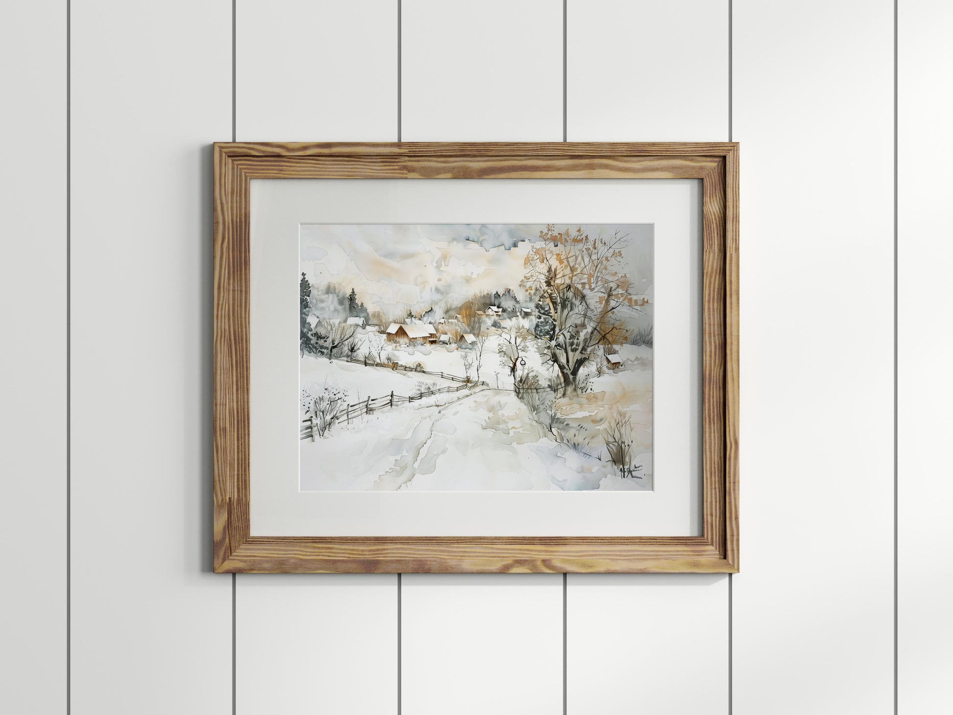 Winterliche Stille: Ein Dorf unter Schnee- Akiro Tanaka, Artistic village, Ink art, Watercolor painting, Snow village